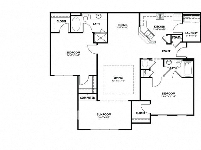 Floor plan for 2 beds, 2 baths, 1463 sqft